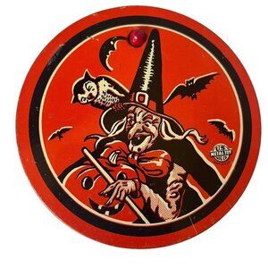 Vintage US Metal Toy Halloween Tin Rattle Noisemaker Witch Pumpkin Ratchet Crank